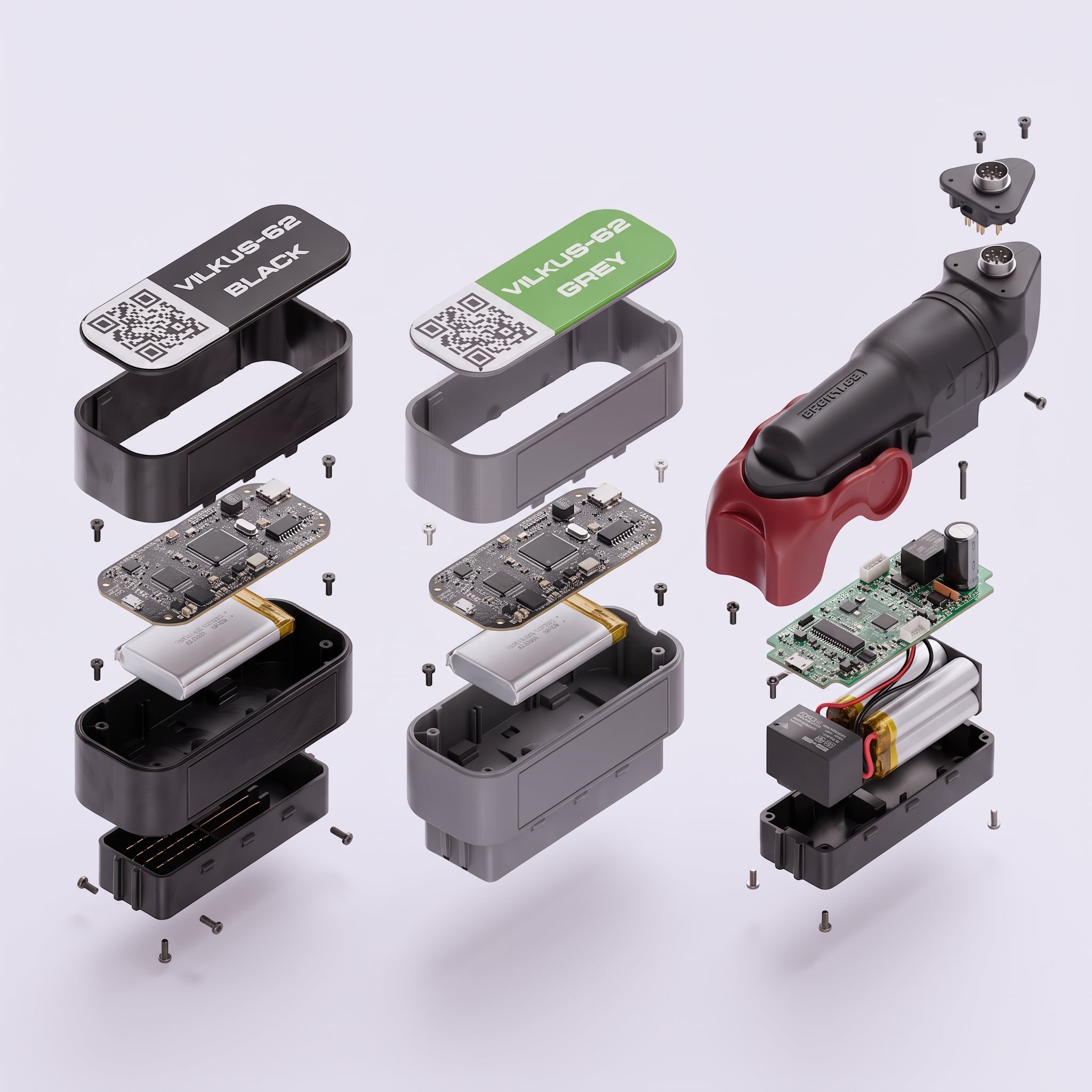 Exploded view of Hamcom emulators and a tuning adapter